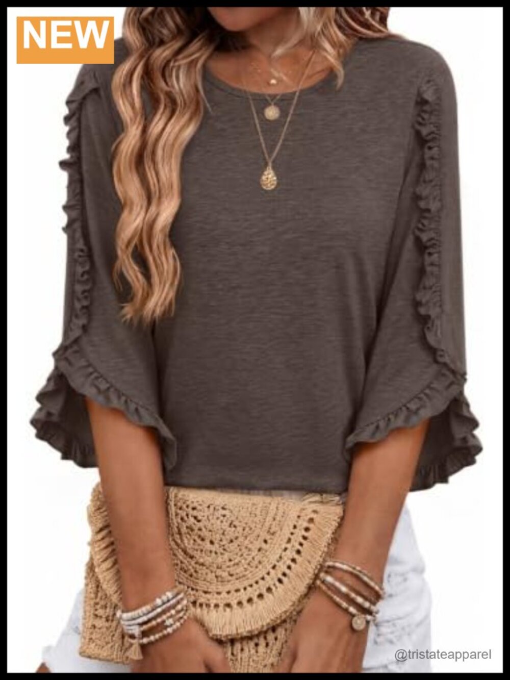 Womens 3/4 Sleeve Ruffle Trim Tunic Top Crewneck Dressy Casual Blouse